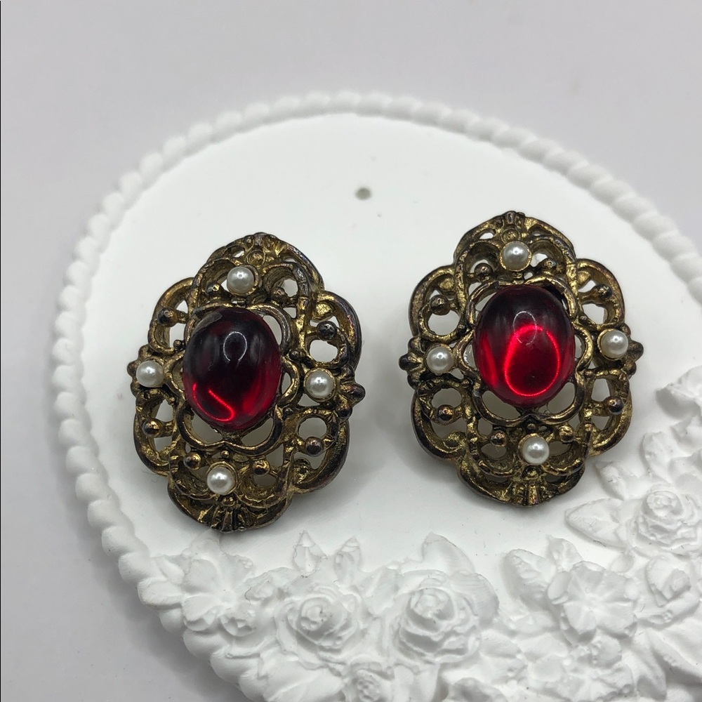 Vintage Baroque Victorian Revival Costume Statement Dressy Earrings Antique Look - Picture 8 of 10